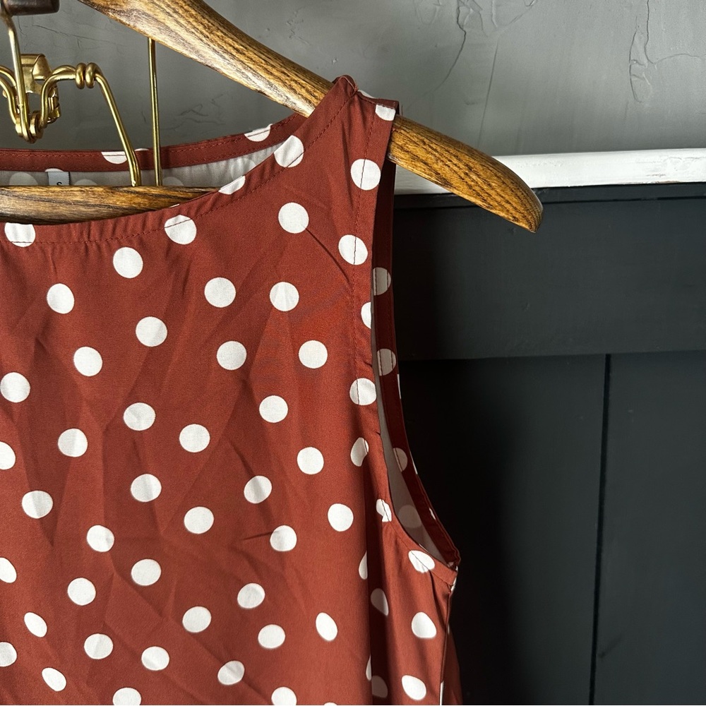 Brown White Polka Dot Sleeveless Ruffle Tier Flowy Lightweight Dress sz S‎ - Picture 4 of 11